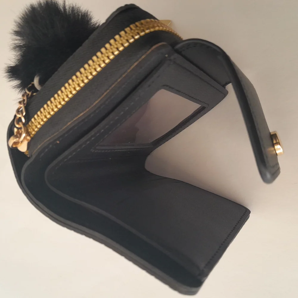 JOLENE COUTURE Black Zippy Wallet with Pom Pom
